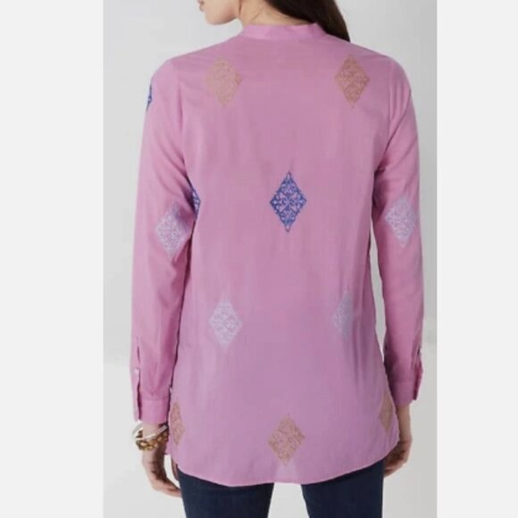 J. Jill Embroidered Button-Front Cotton Tunic - Medium - Pink w/Blue/Tan/Silver - Picture 5 of 14